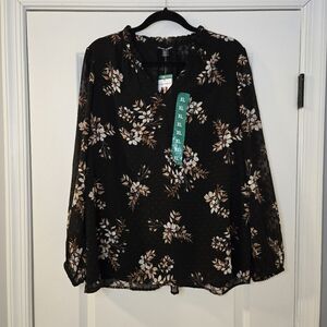 Hilary Radley Women's XL Floral Blouse Black